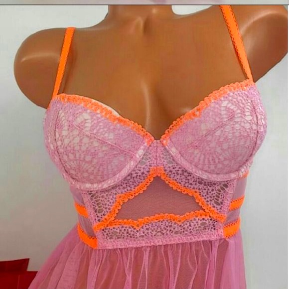 Victoria’s Secret Pink & Orange Lace Babydoll Push-Up Bustier Lingerie Teddy - Picture 15 of 16